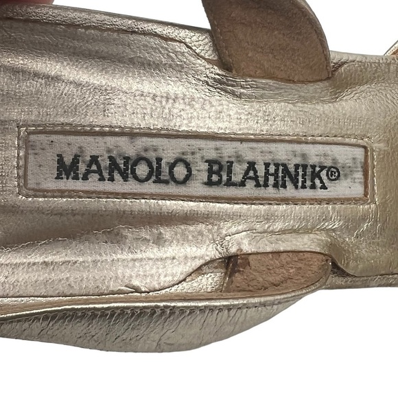 Manolo Blahnik Gold Bow Slingback Wedge Heeled Sandals Size 38 Women's - Picture 2 of 9